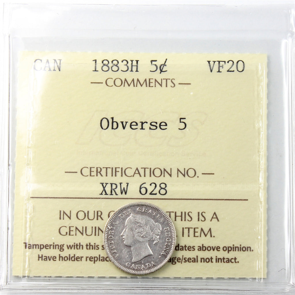 1883H Obv. 5 Canada 5-cents ICCS Certified VF-20