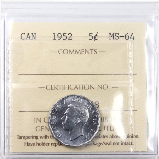 1952 Canada 5-cents ICCS Certified MS-64