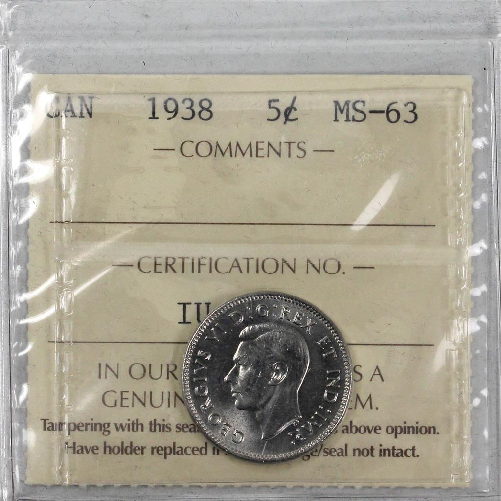 1938 Canada 5-cents ICCS Certified MS-63