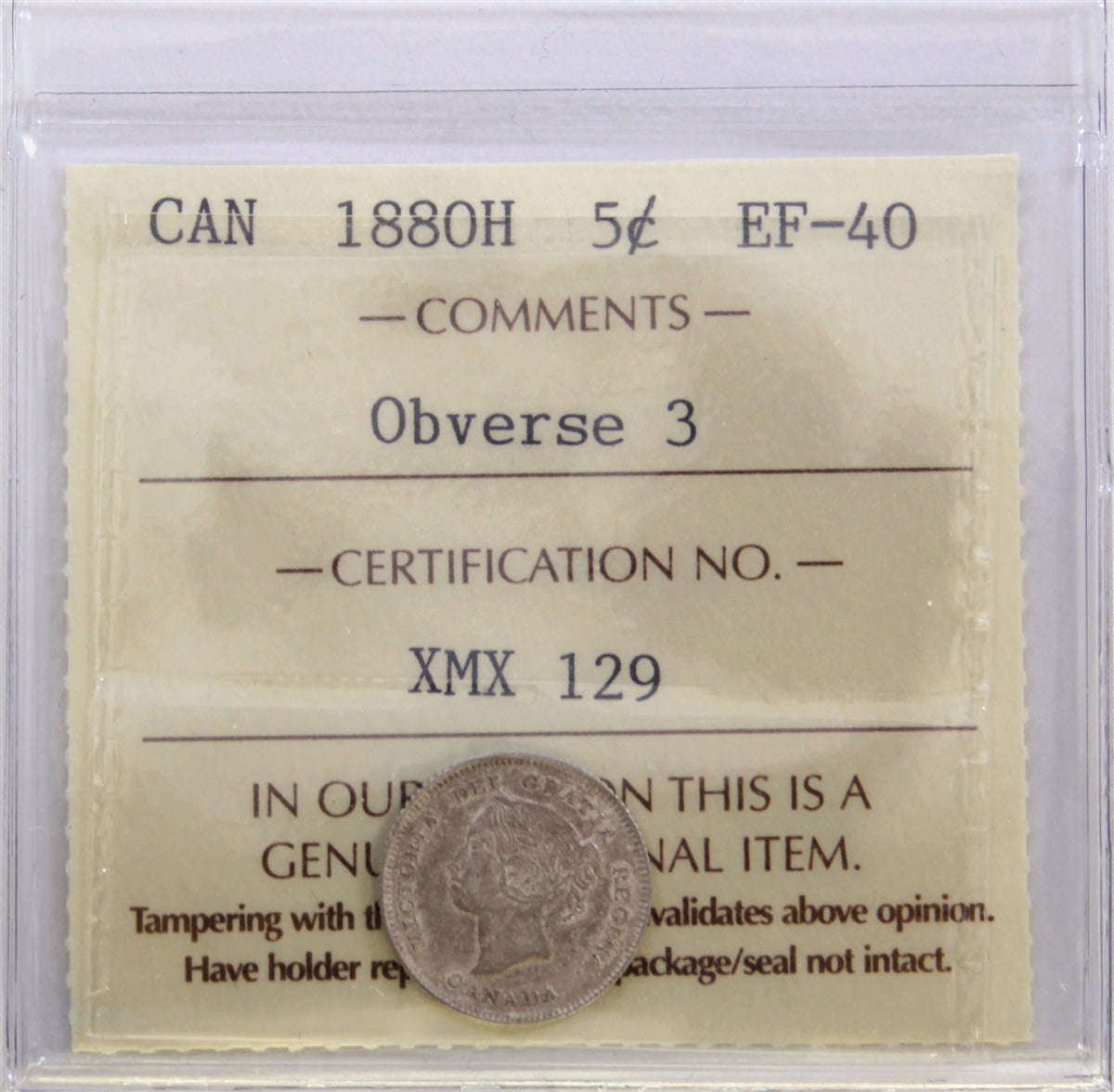 1880H Obv. 3 Canada 5-cents ICCS Certified EF-40