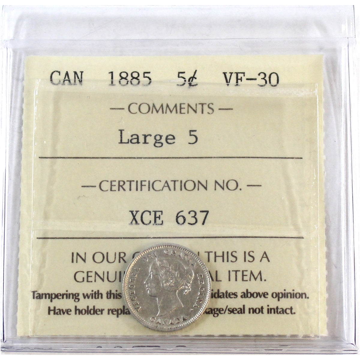 1885 Large 5 Canada 5-cents ICCS Certified VF-30