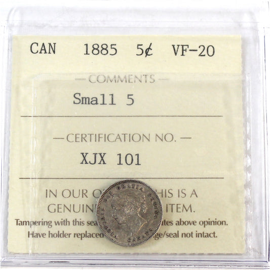 1885 Small 5 Canada 5-cents ICCS Certified VF-20