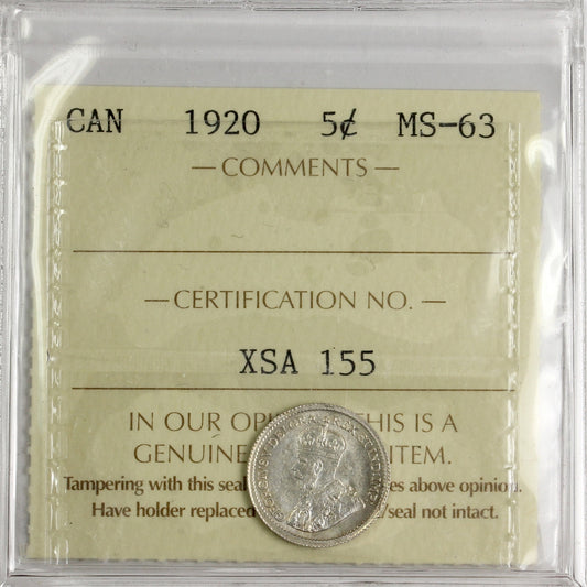 1920 Canada 5-cents ICCS Certified MS-63