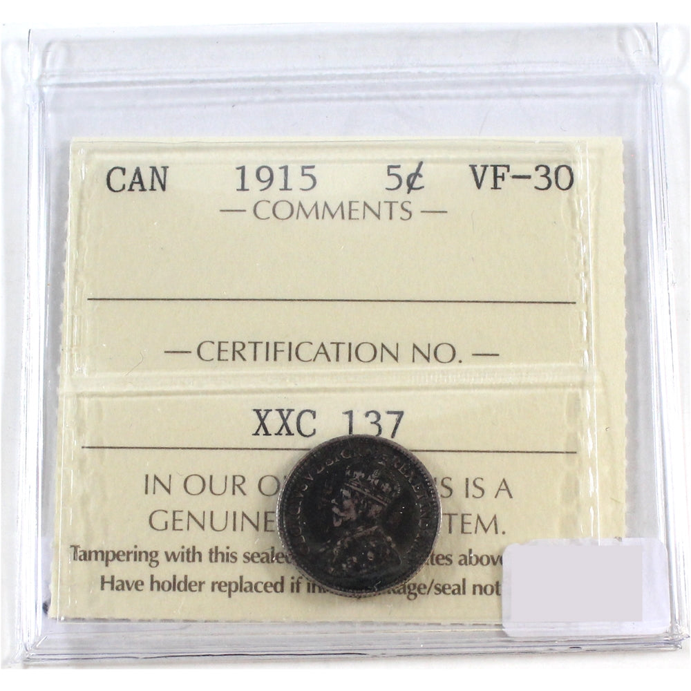 1915 Canada 5-cents ICCS Certified VF-30