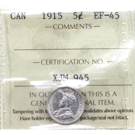 1915 Canada 5-cents ICCS Certified EF-45