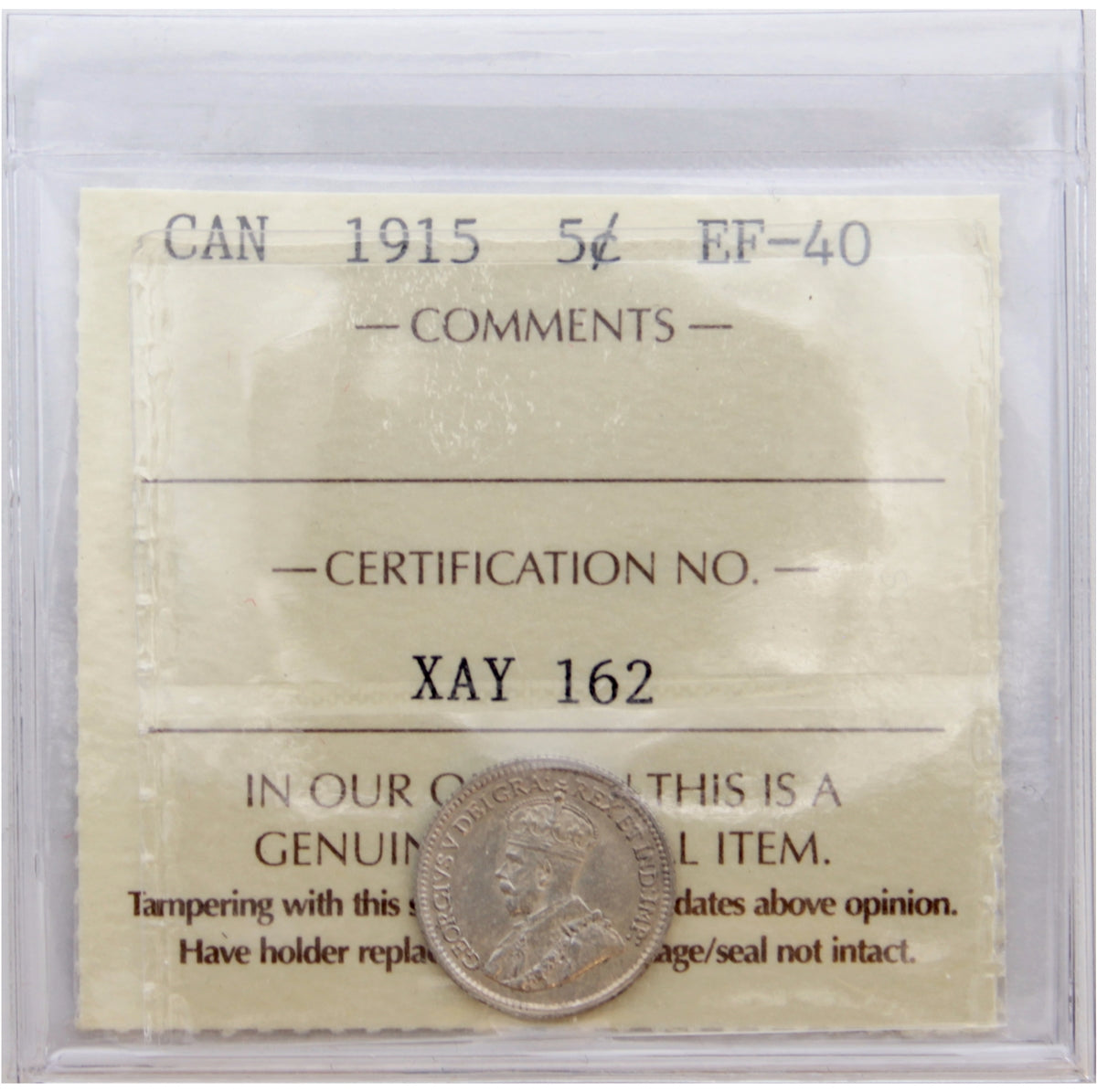 1915 Canada 5-cents ICCS Certified EF-40