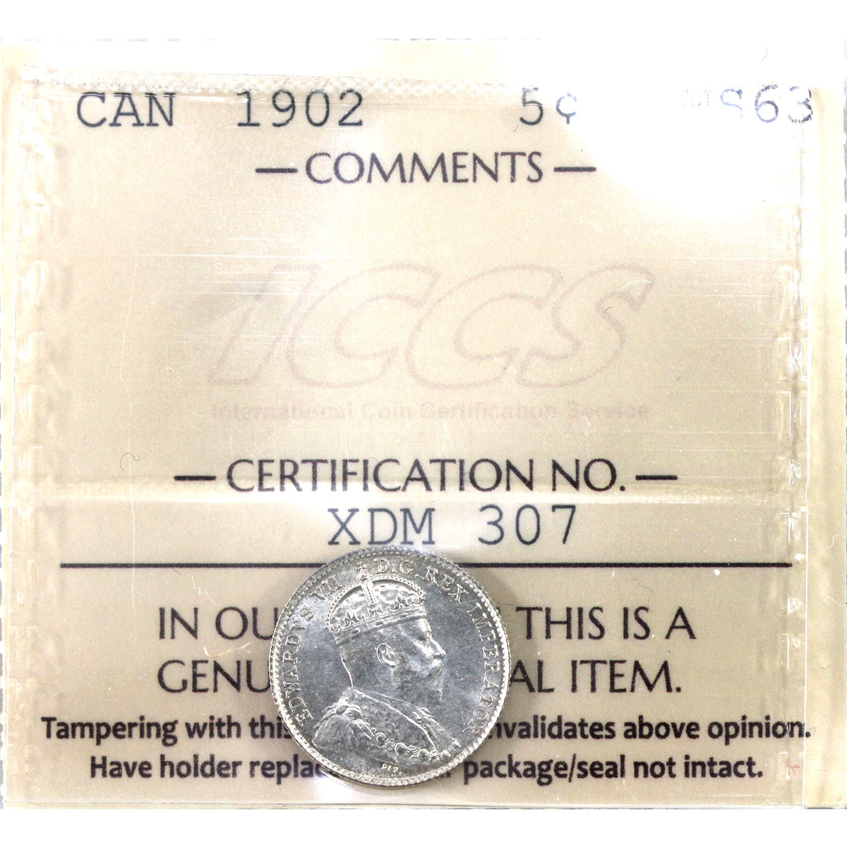 1902 Canada 5-cents ICCS Certified MS-63