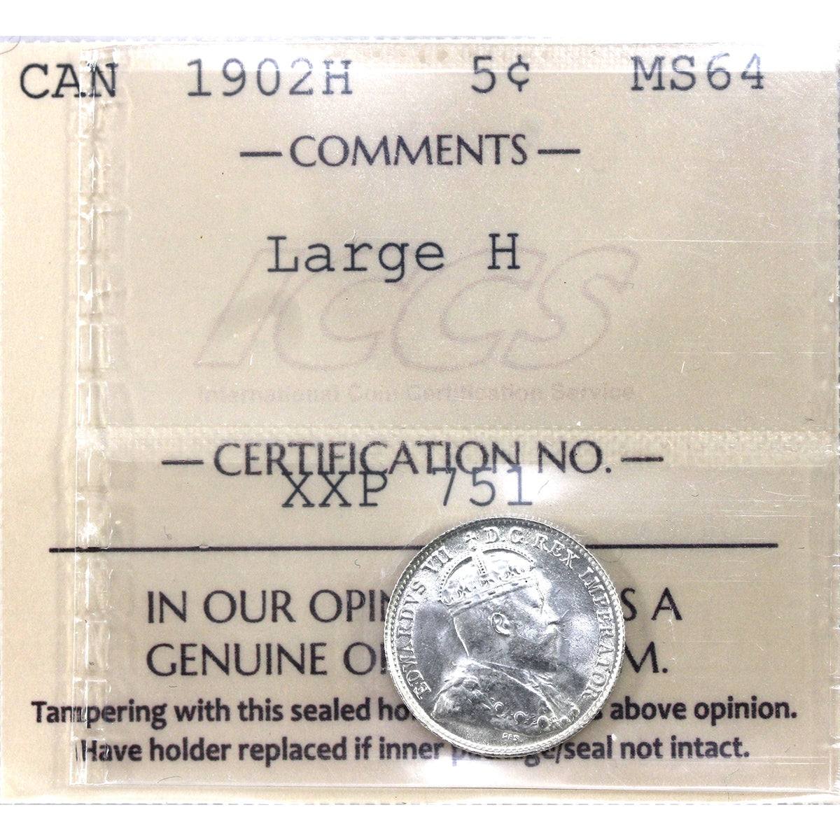 1902H Large H Canada 5-cents ICCS Certified MS-64