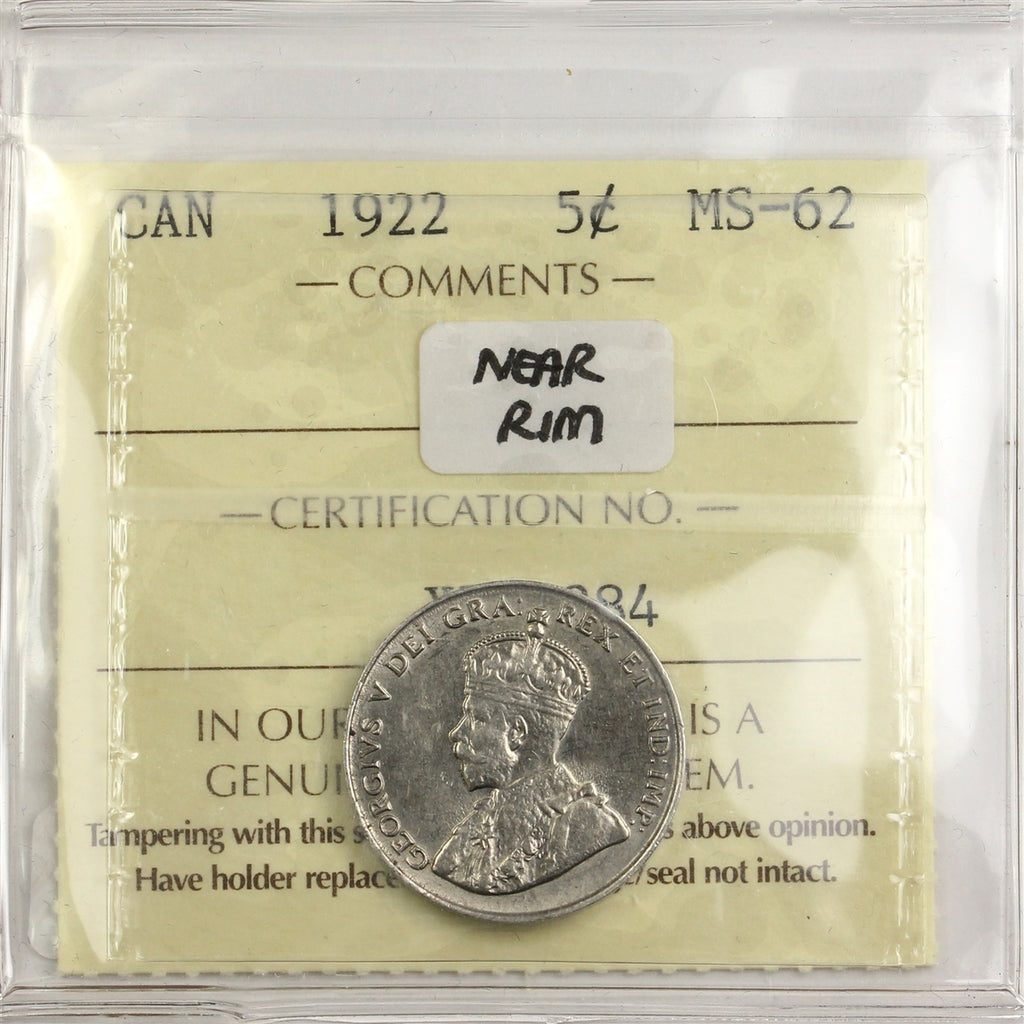 1922 Near Rim Canada 5-cents ICCS Certified MS-62 (XPM 284)