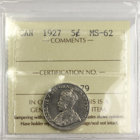 1927 Canada 5-cents ICCS Certified MS-62 (XUV 179)