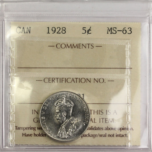 1928 Canada 5-cents ICCS Certified MS-63 (EC 581)