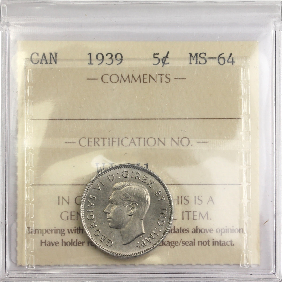 1939 Canada 5-cents ICCS Certified MS-64 (WJ 861)