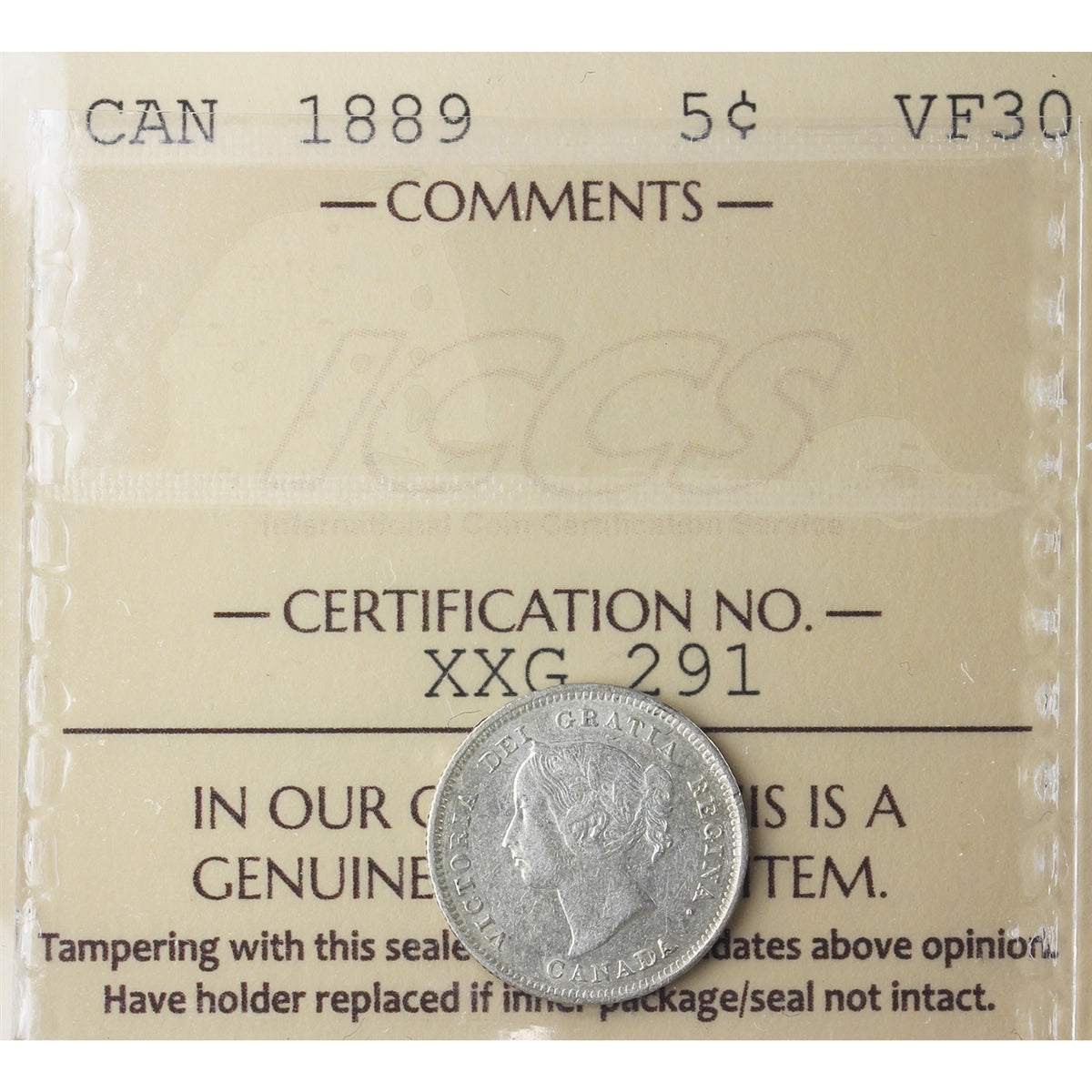 1889 Canada 5-cents ICCS Certified VF-30