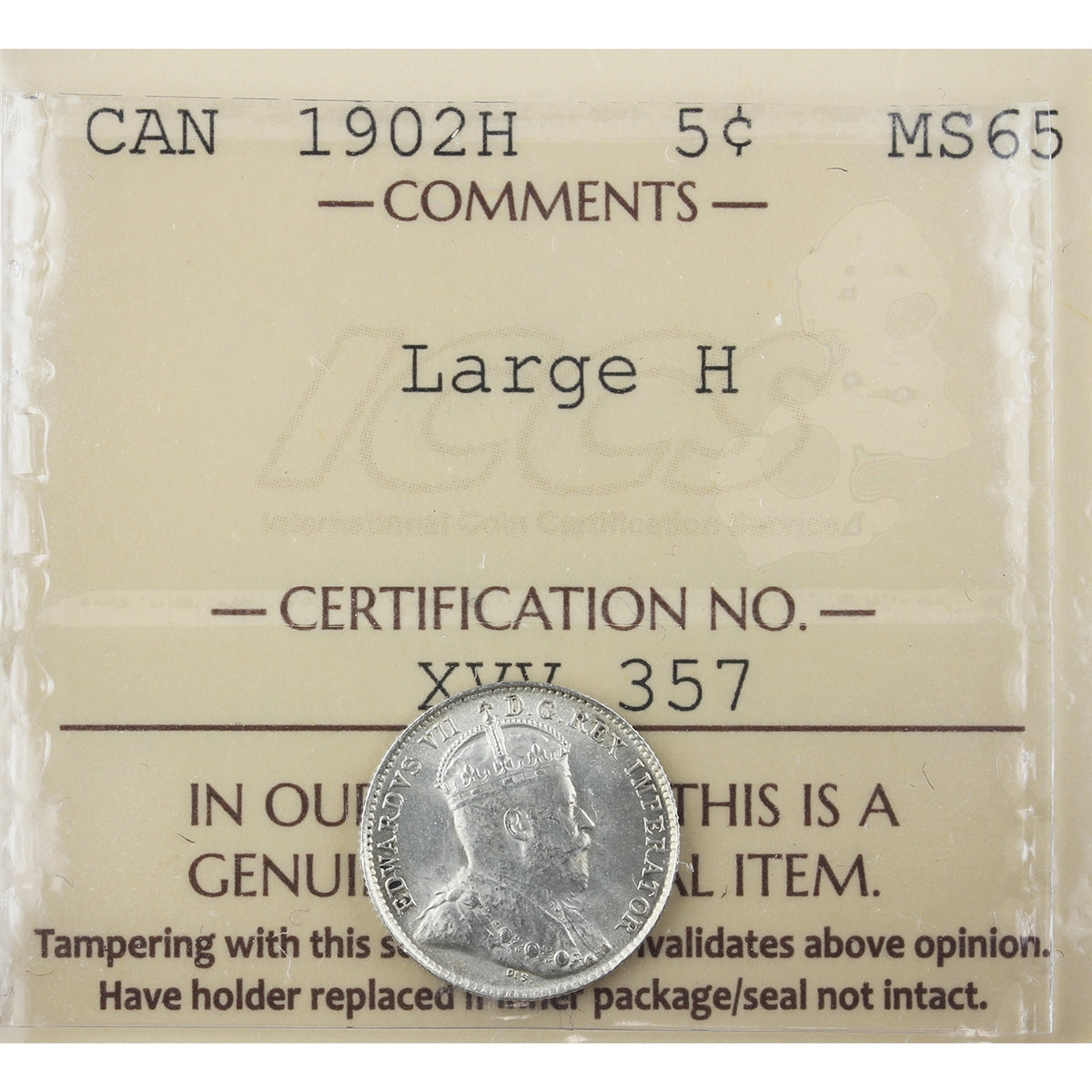 1902H Large H Canada 5-cents ICCS Certified MS-65 (XVV 357)