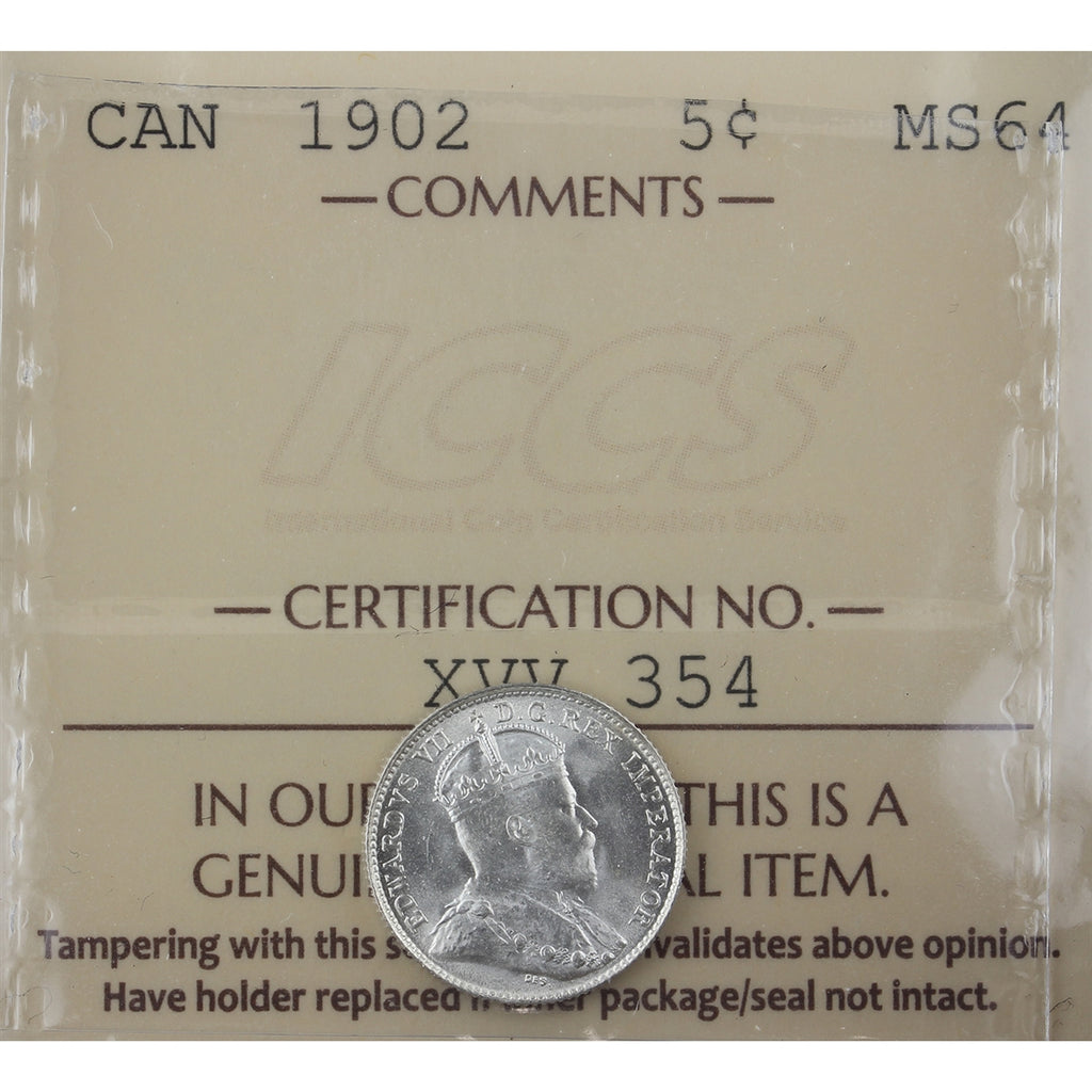 1902 Canada 5-cents ICCS Certified MS-64