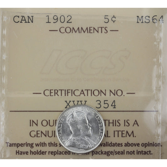 1902 Canada 5-cents ICCS Certified MS-64