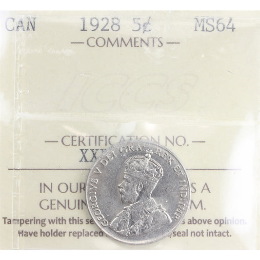 1928 Canada 5-cents ICCS Certified MS-64 (XXP 872)