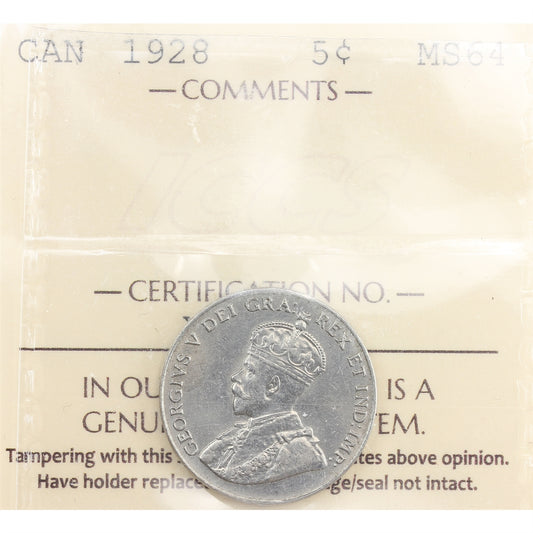 1928 Canada 5-cents ICCS Certified MS-64 (XQG 971)