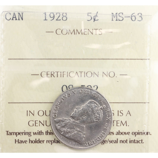 1928 Canada 5-cents ICCS Certified MS-63 (OS 592)