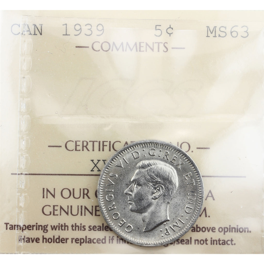 1939 Canada 5-cents ICCS Certified MS-63