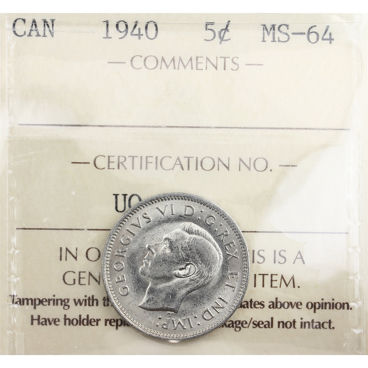 1940 Canada 5-cents ICCS Certified MS-64