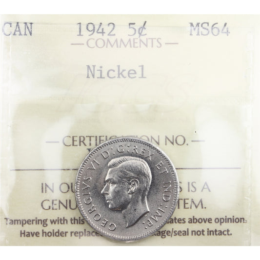 1942 Nickel Canada 5-cents ICCS Certified MS-64