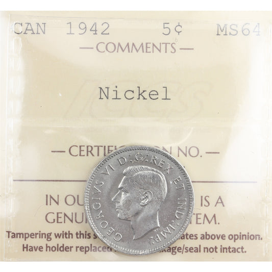 1942 Nickel Canada 5-cents ICCS Certified MS-64