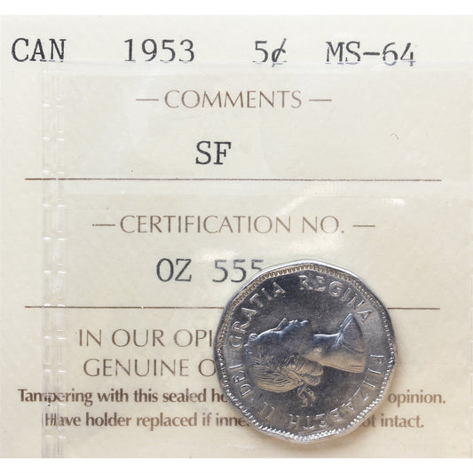 1953 SF Canada 5-cents ICCS Certified MS-64