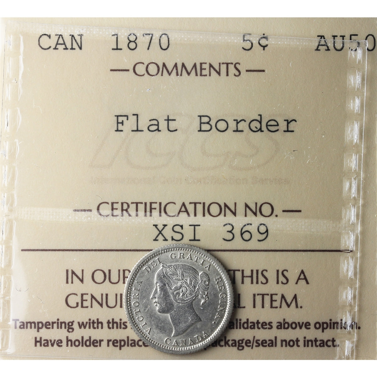 1870 Flat Border Canada 5-cents ICCS Certified AU-50