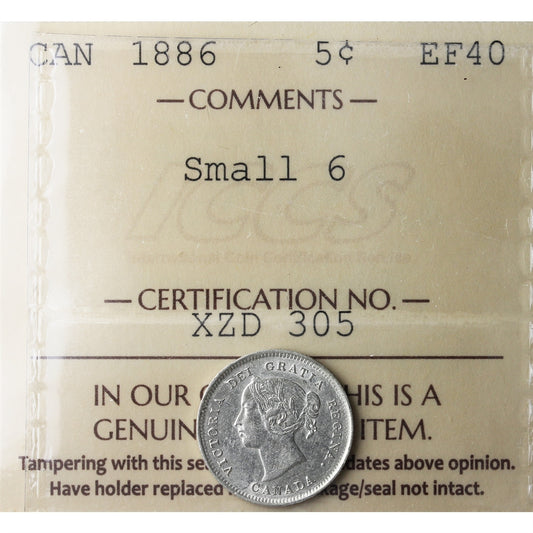 1886 Small 6 Canada 5-cents ICCS Certified EF-40