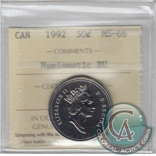 1992 Canada 50-cents ICCS Certified MS-66 Numismatic BU