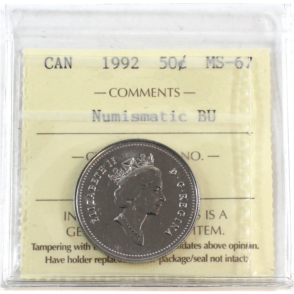 1992 Canada 50-cents ICCS Certified MS-67 Numismatic BU