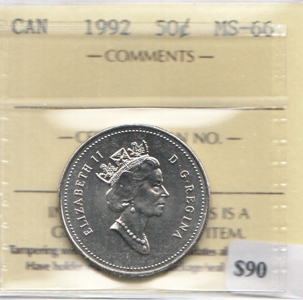 1992 Canada 50-cents ICCS Certified MS-66