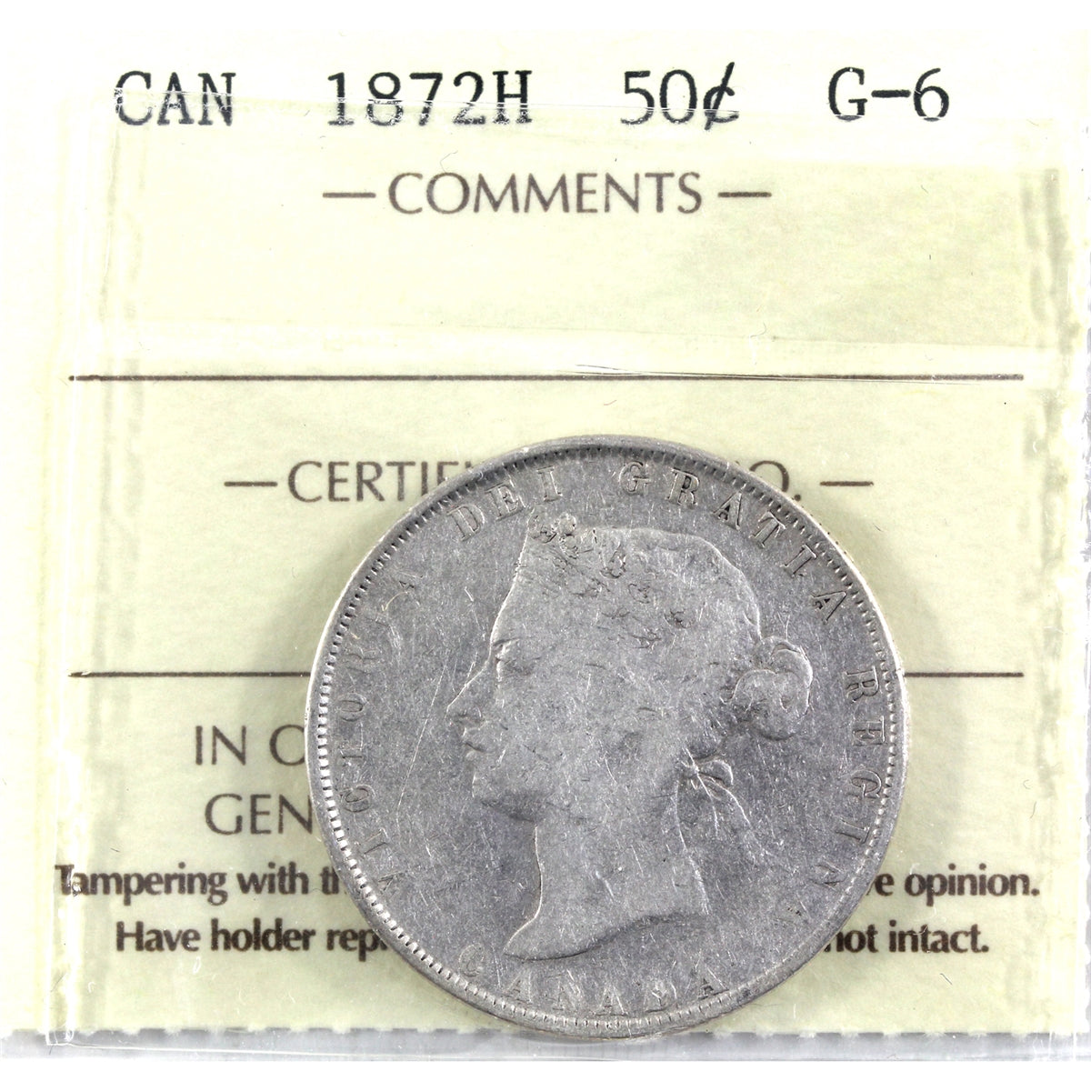 1872H Canada 50-cents ICCS Certified G-6