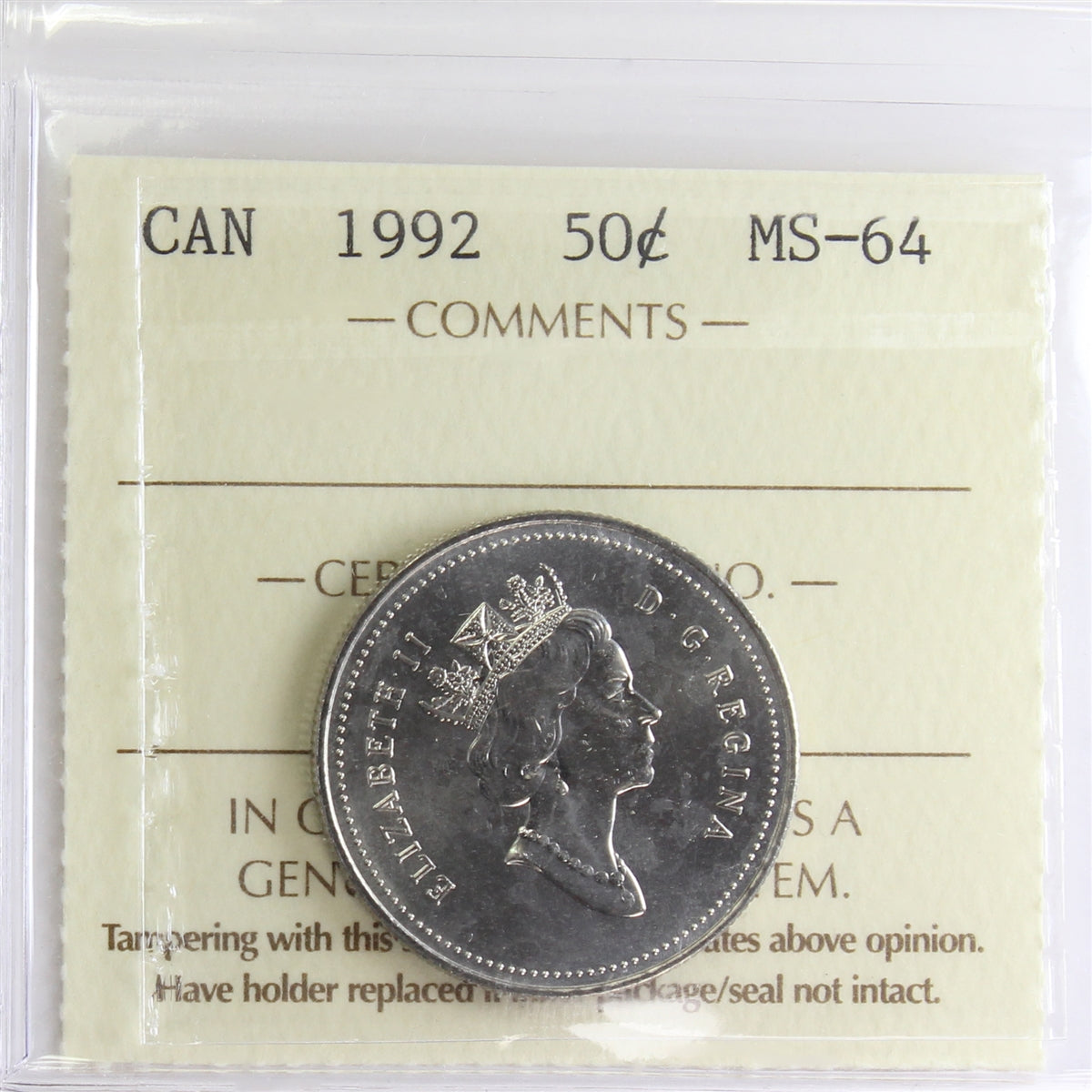 1992 Canada 50-cents ICCS Certified MS-64