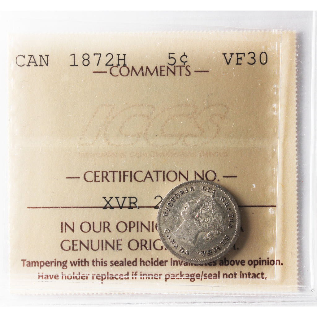 1872H Canada 5-cents ICCS Certified VF-30