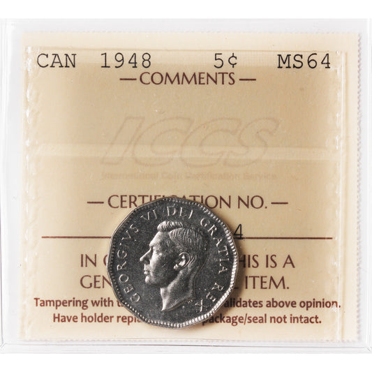 1948 Canada 5-cents ICCS Certified MS-64