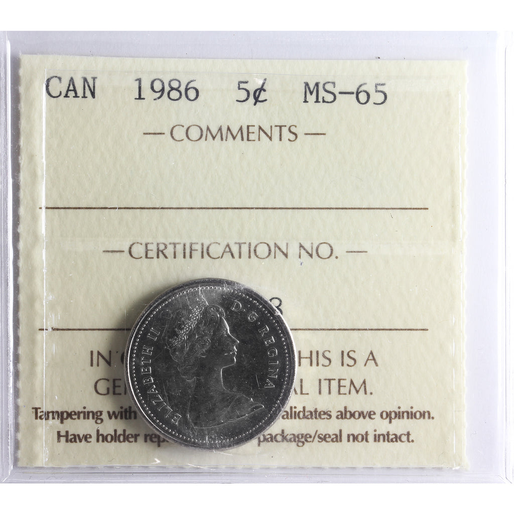 1986 Canada 5-cents ICCS Certified MS-65