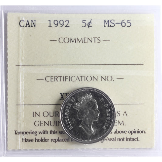 1992 Canada 5-cents ICCS Certified MS-65