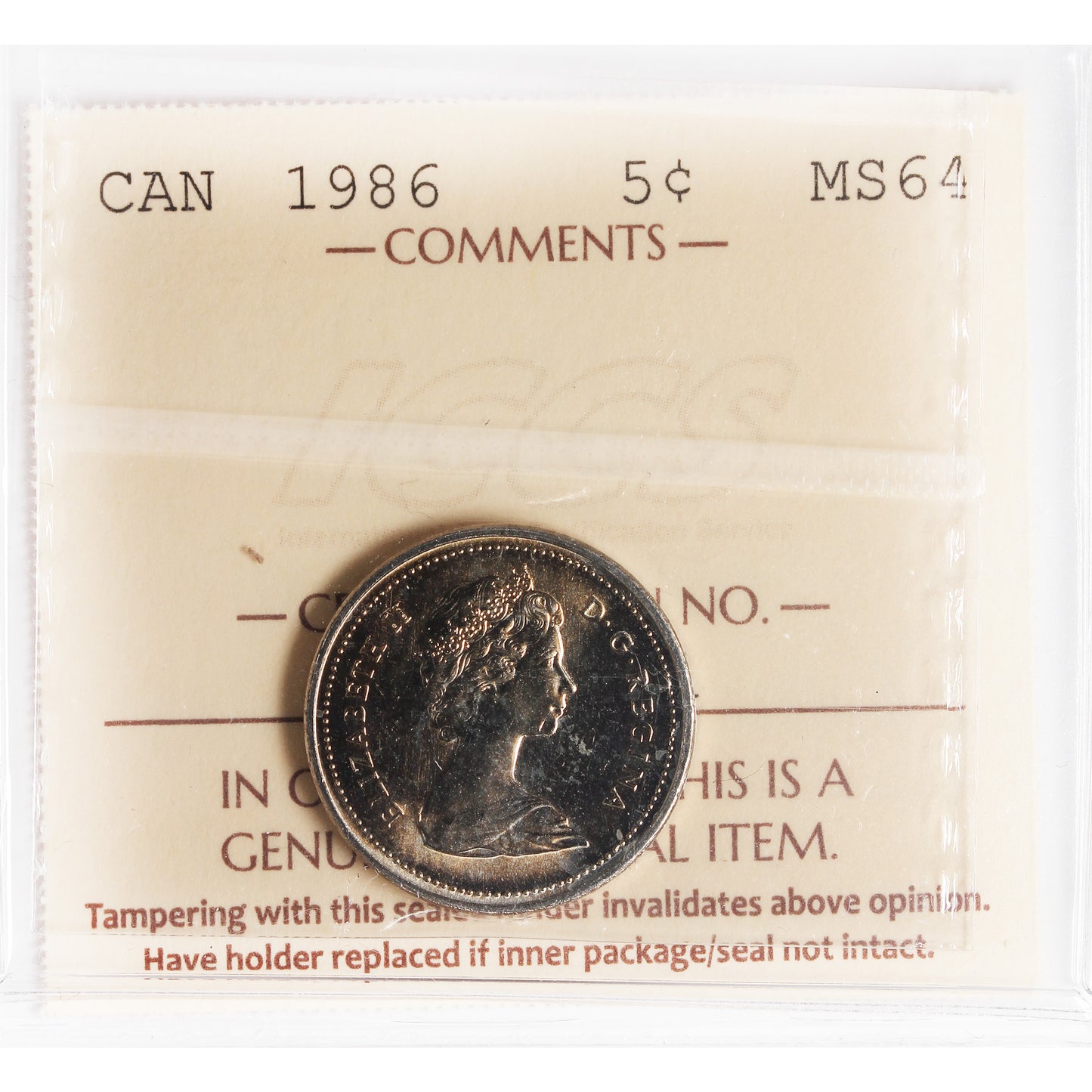 1986 Canada 5-cents ICCS Certified MS-64