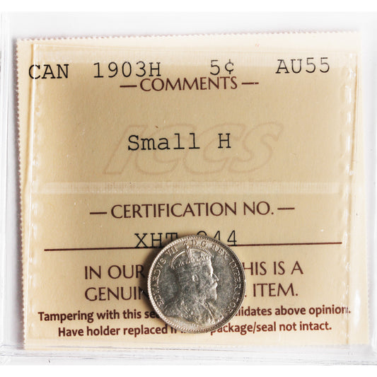 1903H Small H Canada 5-cents ICCS Certified AU-55