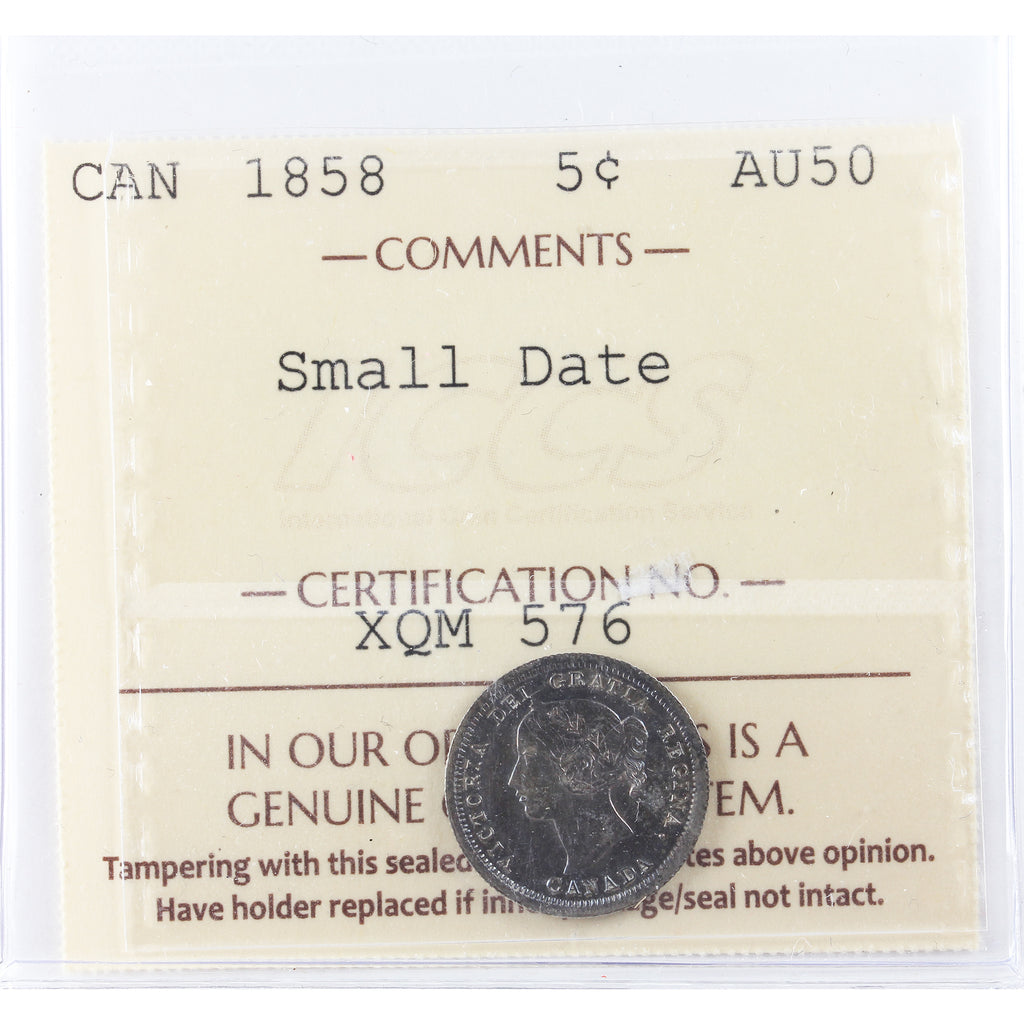 1858 Small Date 5-cents ICCS Certified AU-50