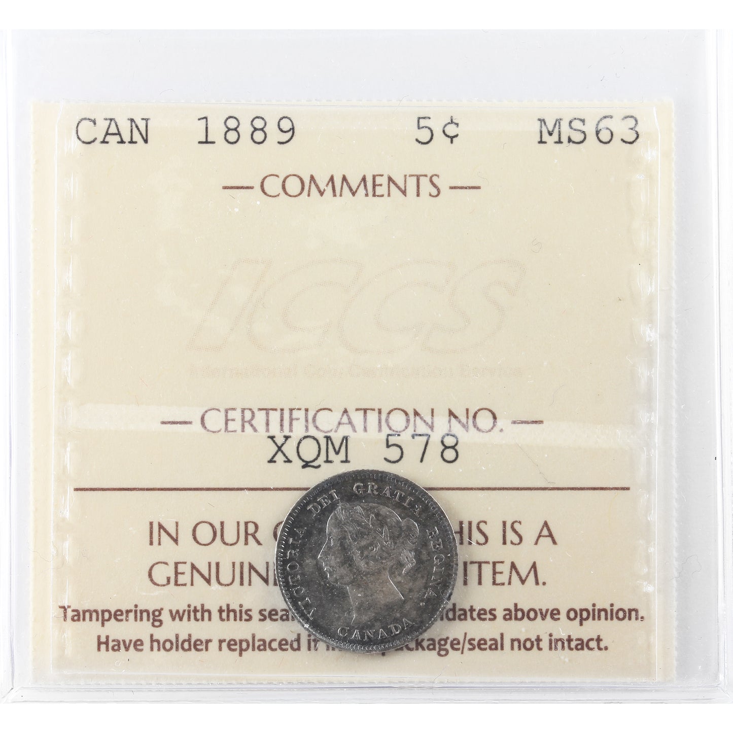 1889 Canada 5-cents ICCS Certified MS-63 (XQM 578)