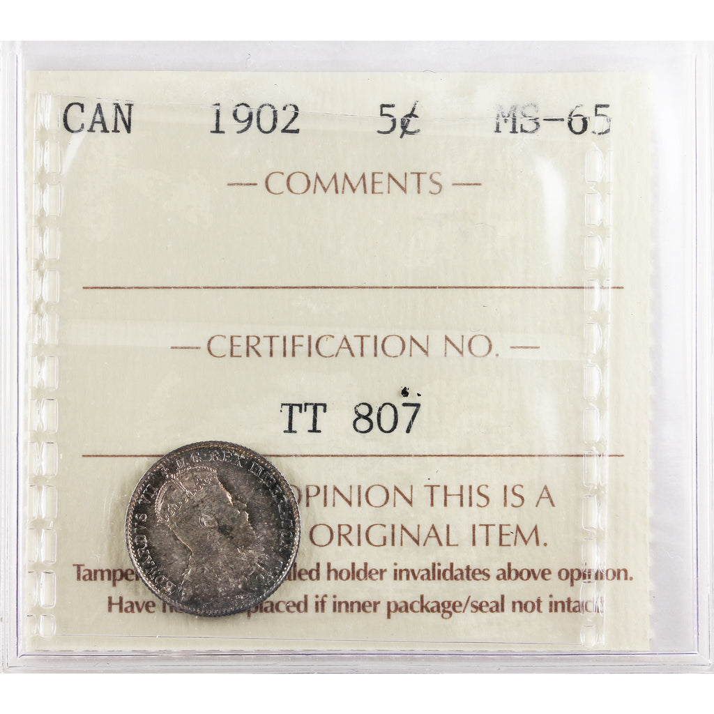 1902 Canada 5-cents ICCS Certified MS-65 (TT 807)