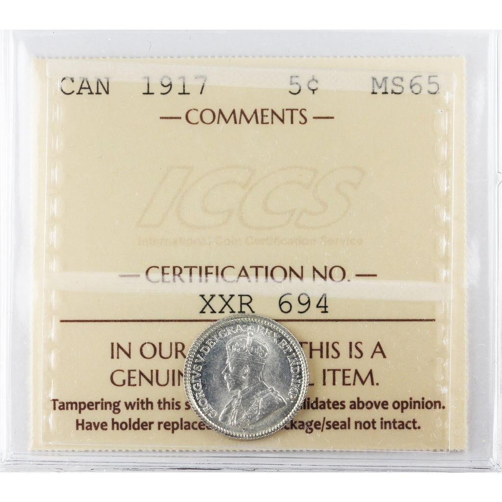 1917 Canada 5-cents ICCS Certified MS-65 (XXR 694)