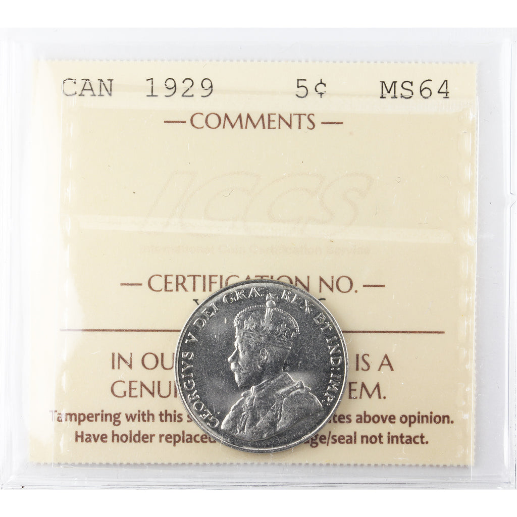 1929 Canada 5-cents ICCS Certified MS-64 (XXR 696)