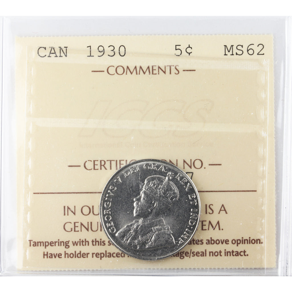 1930 Canada 5-cents ICCS Certified MS-62