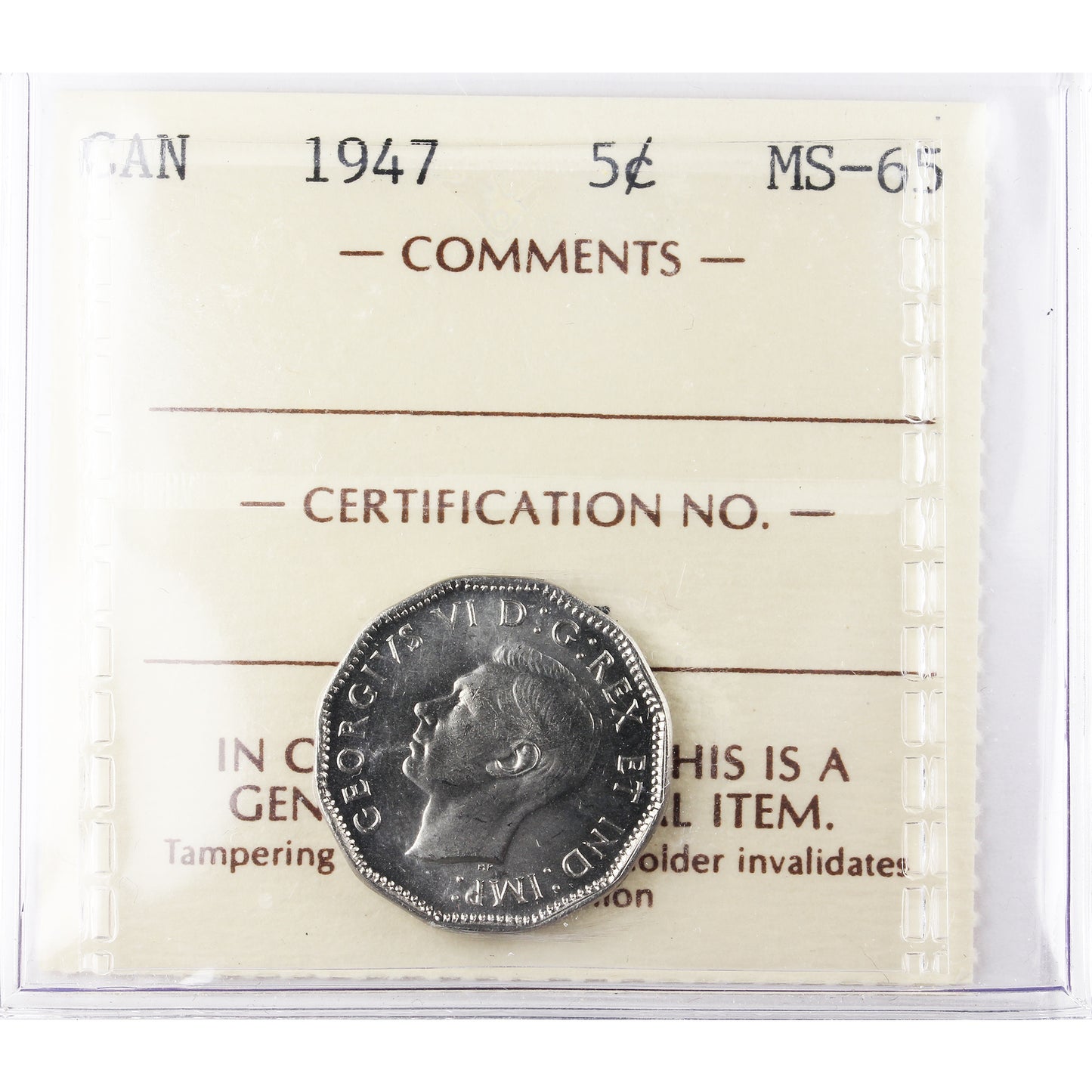 1947 Canada 5-cents ICCS Certified MS-65 (TA 077)