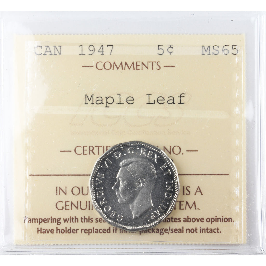 1947 Maple Leaf Canada 5-cents ICCS Certified MS-65 (XXR 703)