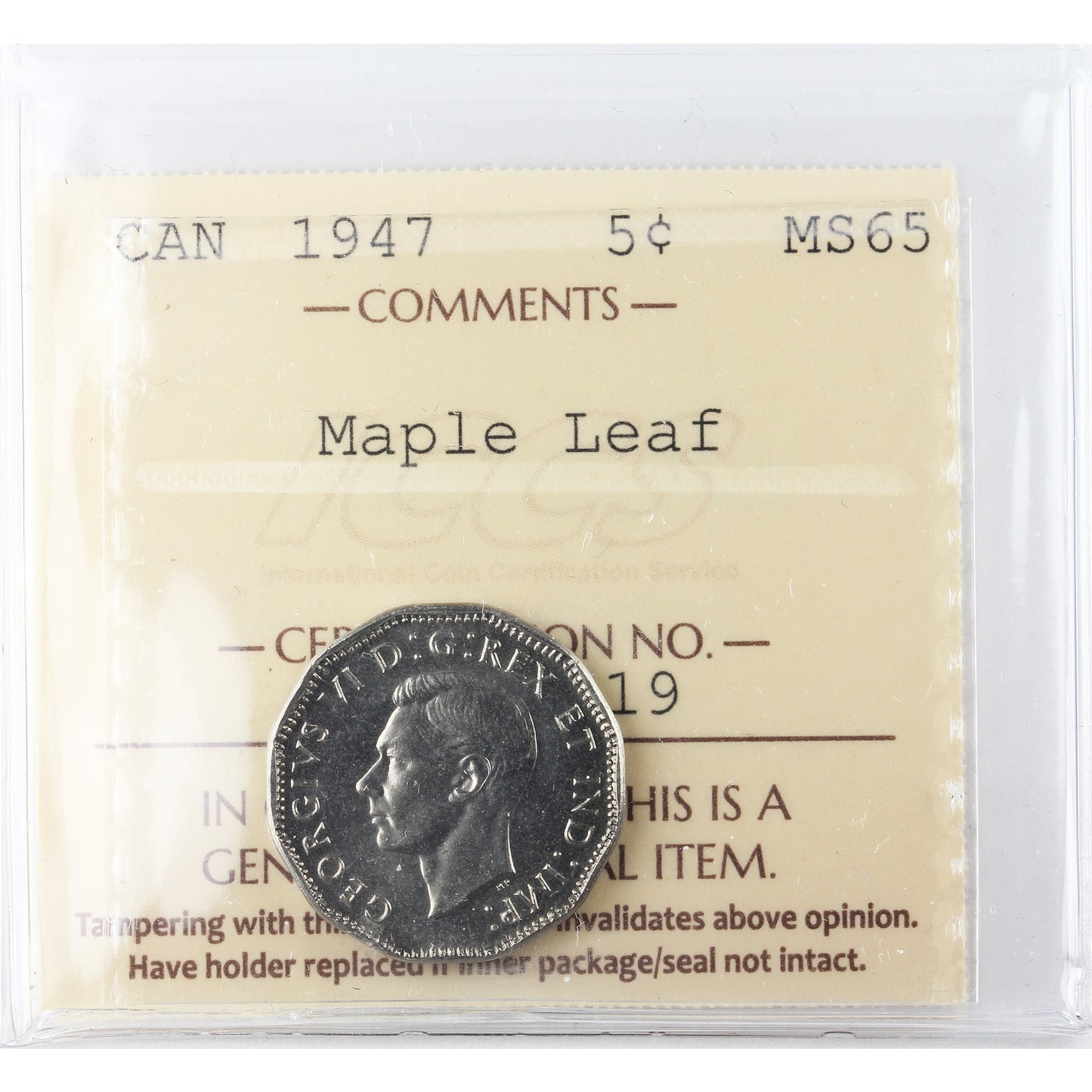 1947 Maple Leaf Canada 5-cents ICCS Certified MS-65 (XKV 919)